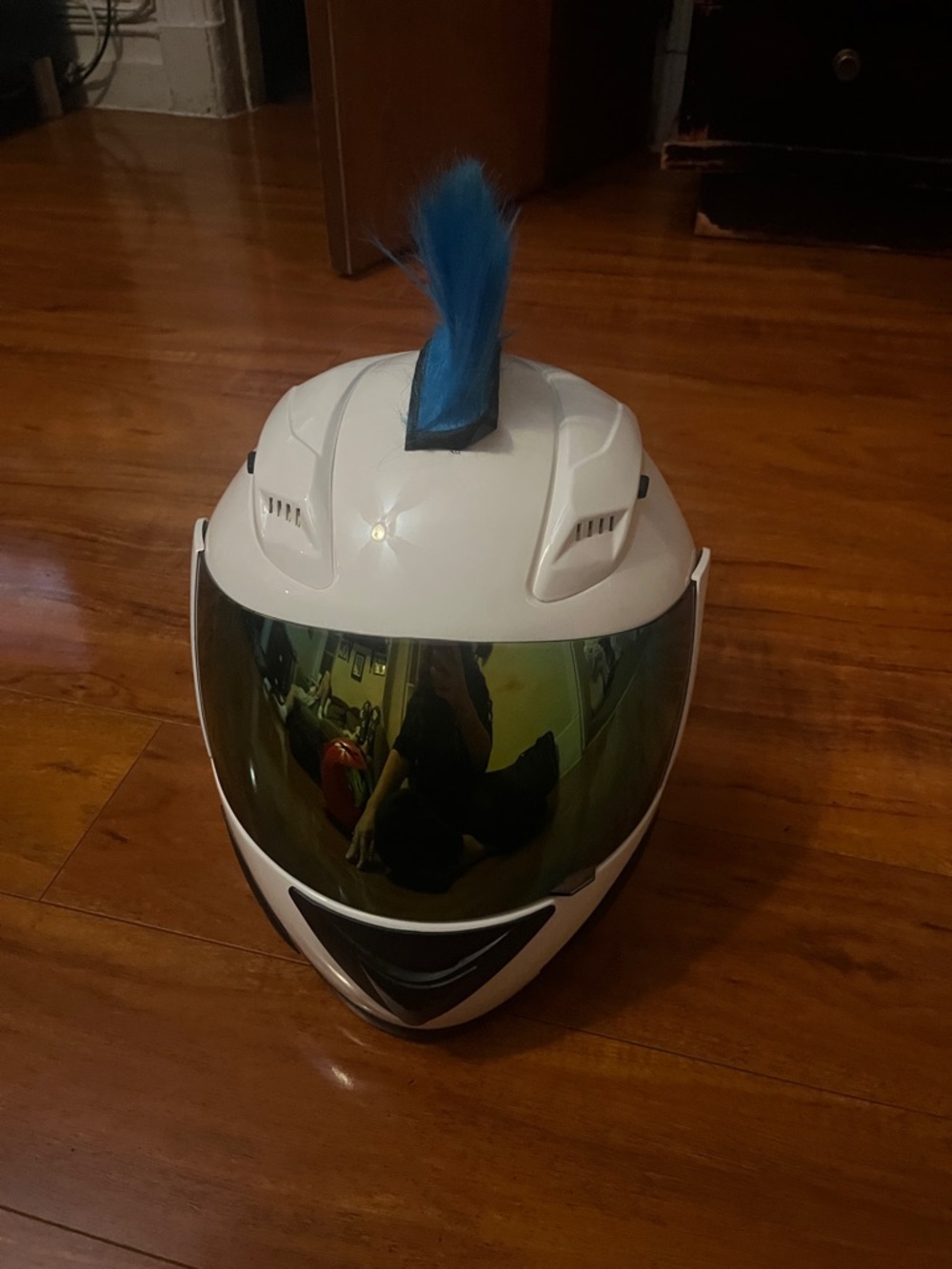 White Motorcycle Helmet w/ Blue Mohawk | 1Storm DOT | Costume / Cosplay